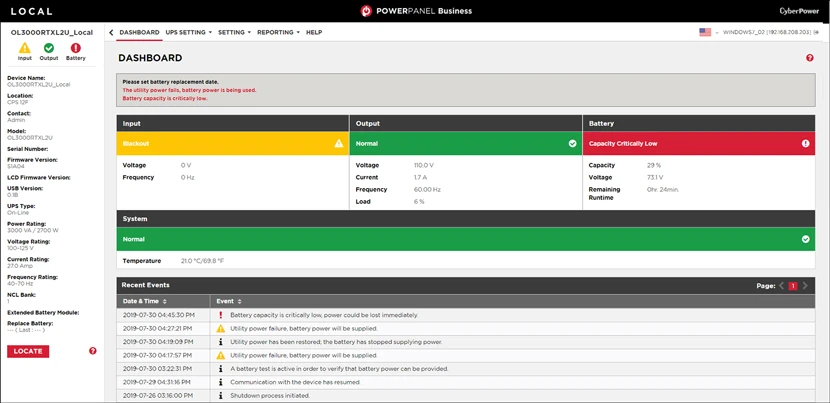 PowerPanel business local mode dashboard screenshot