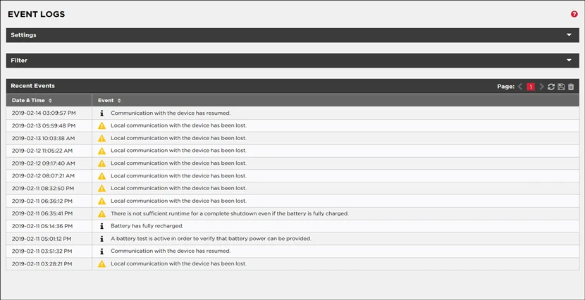 PowerPanel business remote event logs screenshot